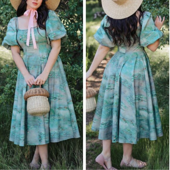 BEST Selkie The Water Lilies Day Midi Dress XSmall Green Cotton Party Cocktail - Picture 3 of 14
